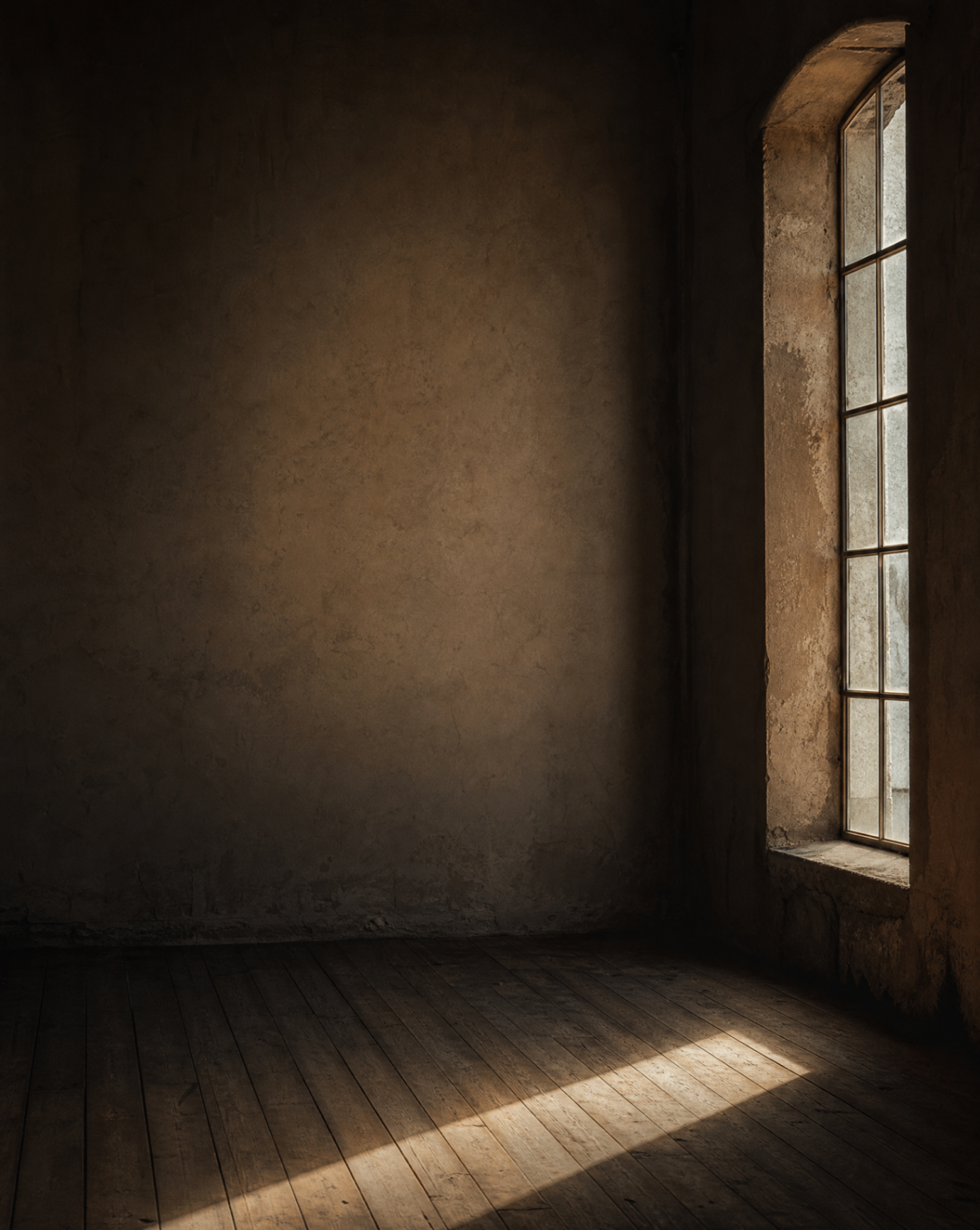 Late light through a tall window onto wooden floorboards